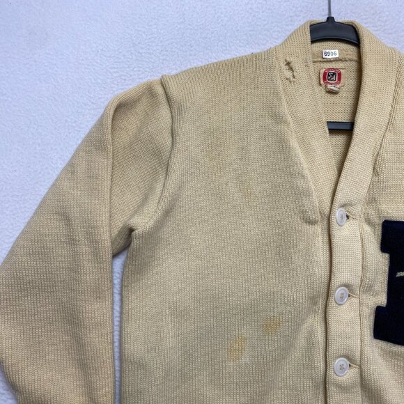 VINTAGE Snowden Mize Cardigan Mens 44 Beige Letterman K Wool Sweater 40s 50s 60s - Picture 5 of 14